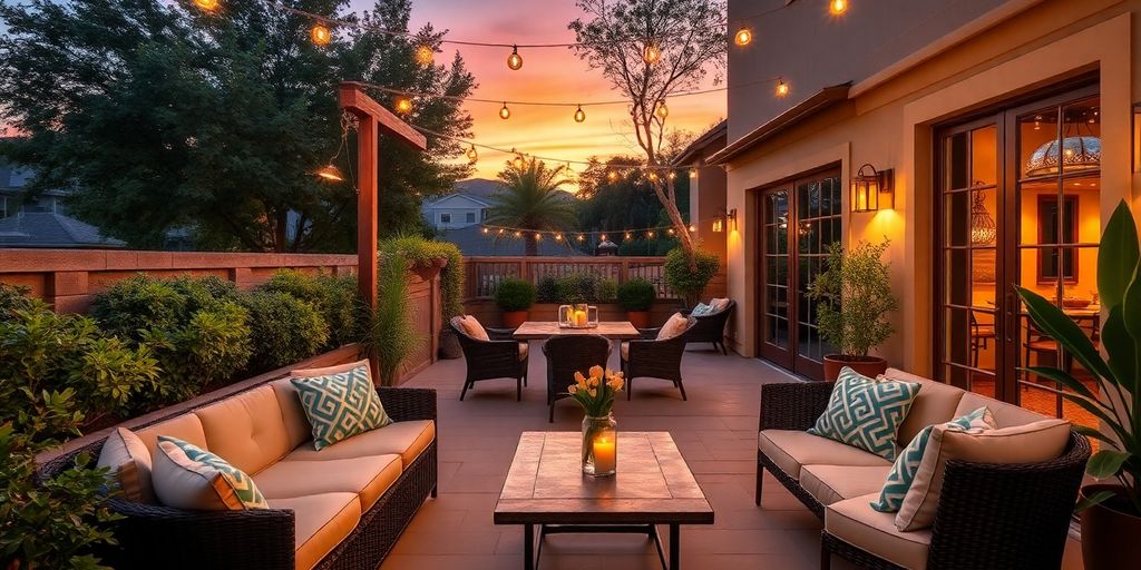 Elegant patio setup with seating and dining for entertaining.