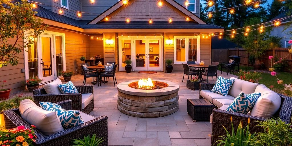 A patio with seating, fire pit, and outdoor lights.