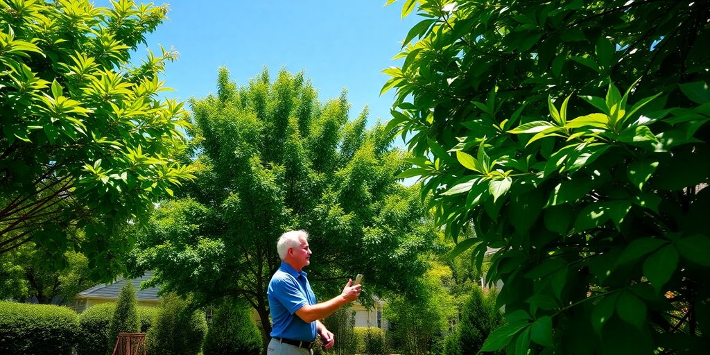 Homeowner inspecting healthy trees in a lush garden.