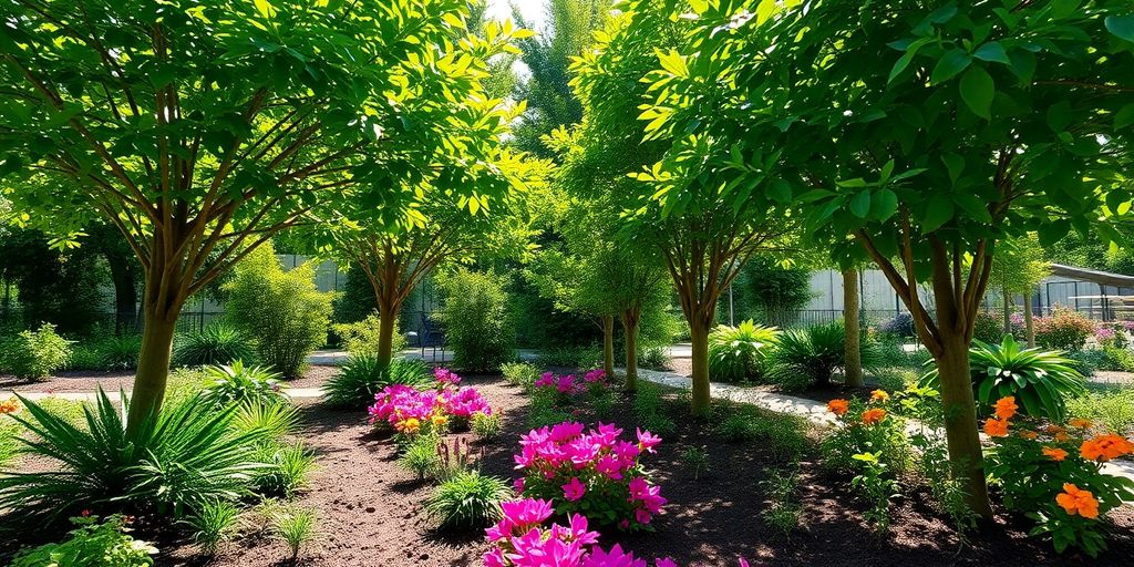 Healthy garden with vibrant trees and colorful flowers.