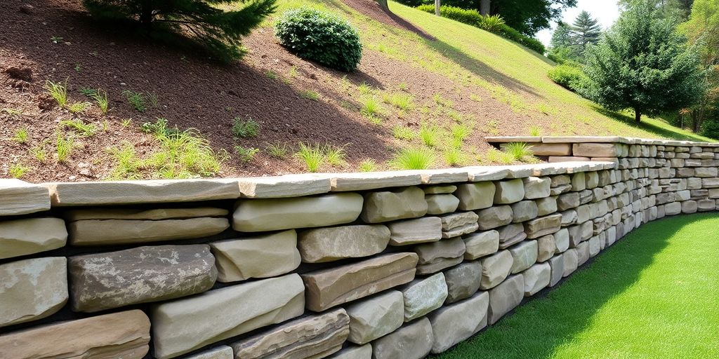 Beautiful retaining wall in a lush sloped landscape.
