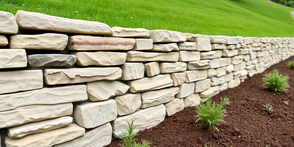 Natural stone retaining wall in a sloped landscape.