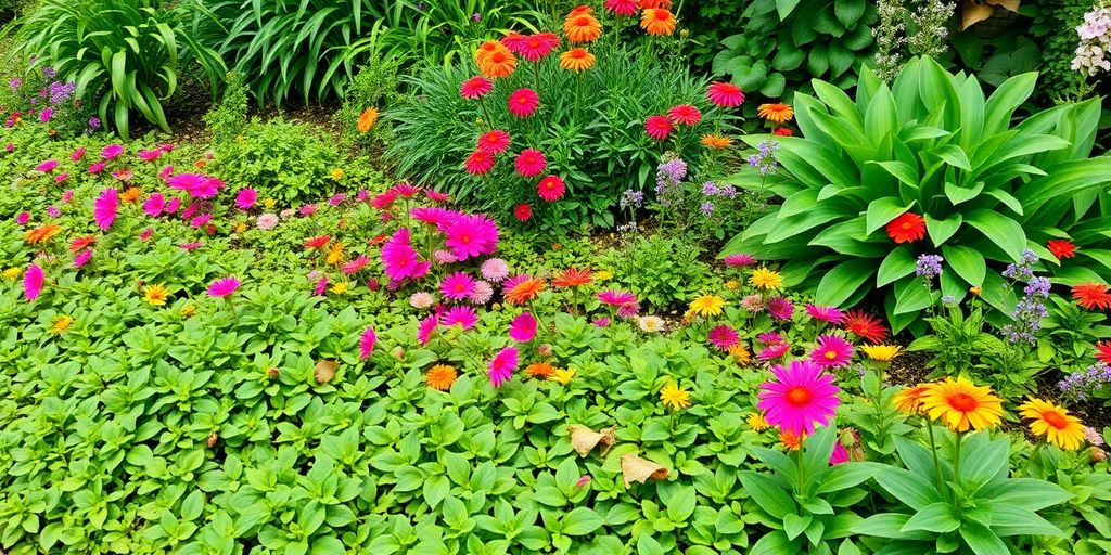 Colorful low-maintenance ground covers in a lush garden setting.
