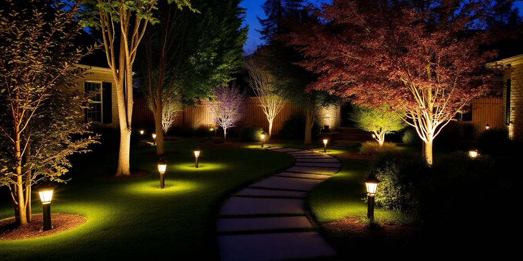 Outdoor space illuminated with landscape lighting ideas.