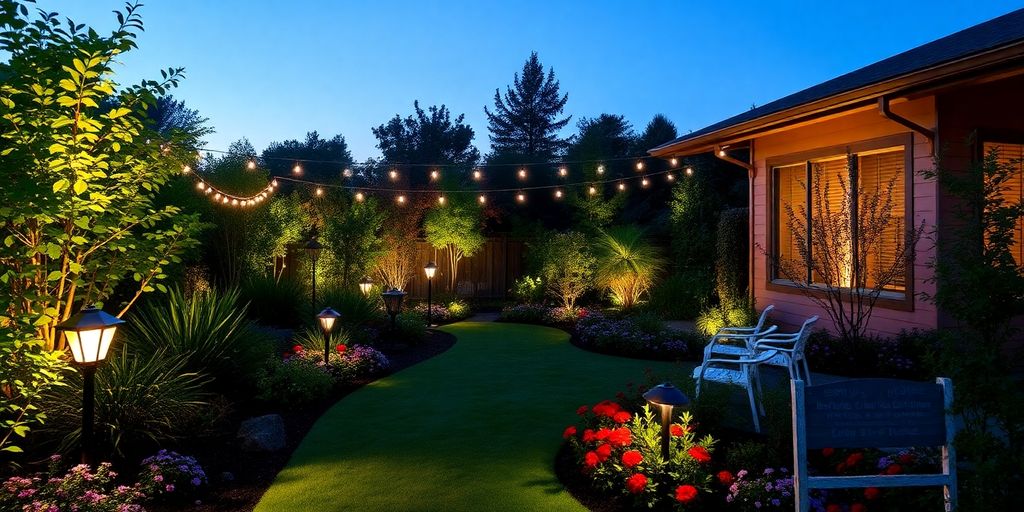 Twilight outdoor garden with decorative landscape lighting.