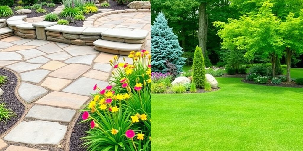 Contrast of hardscaping and softscaping in landscaping.