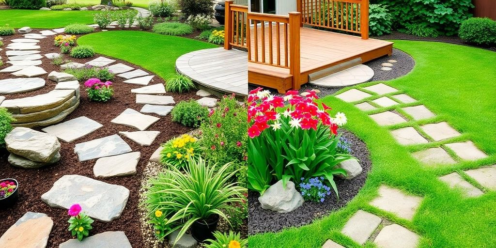 Contrast of hardscaping and softscaping in landscaping design.