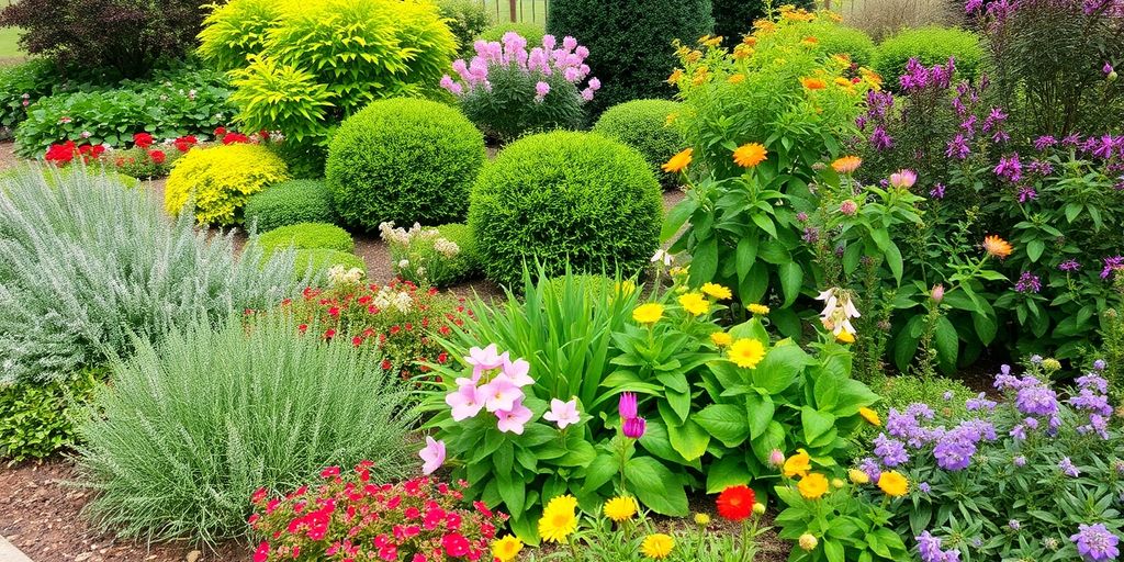 Colorful landscape with diverse plants and well-maintained garden.