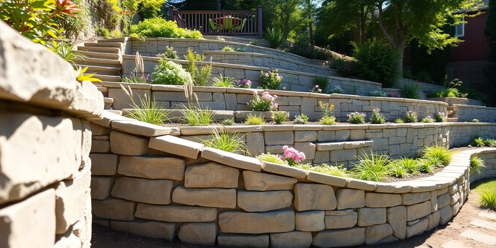 Terraced garden with stone retaining wall.