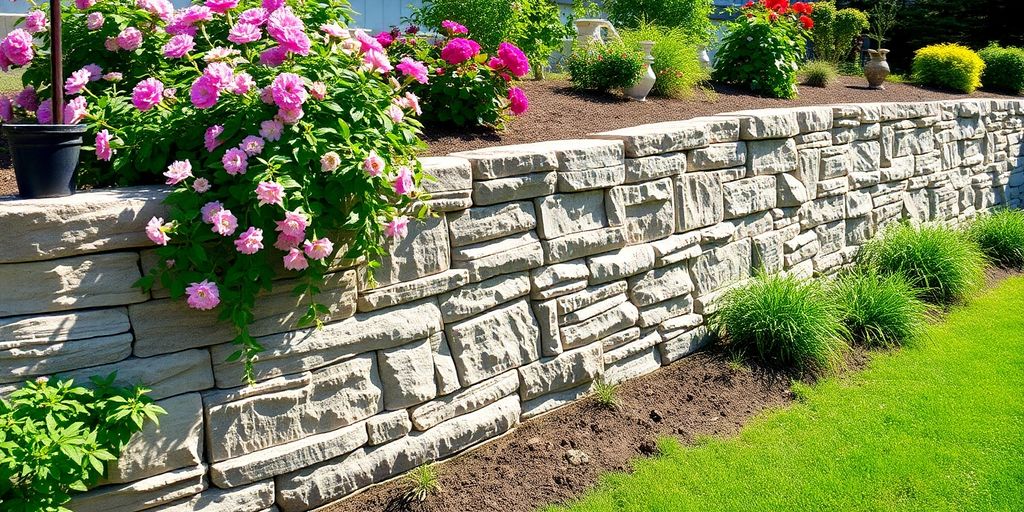 A newly built stone retaining wall in a garden.
