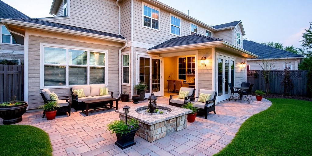 A comfortable custom patio with outdoor furniture.