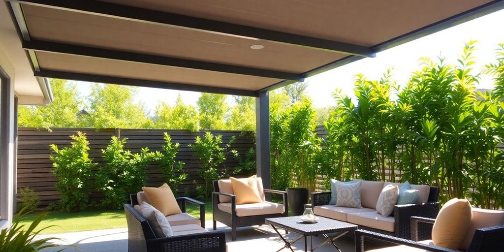 Patio cover with outdoor furniture.