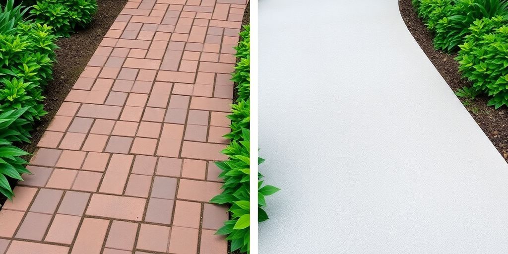 Photographic comparison of decorative paver walkway versus plain concrete path.