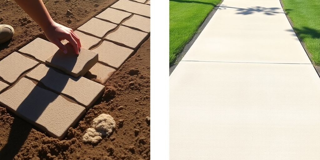 Close-up of hand placing a paver next to concrete path.