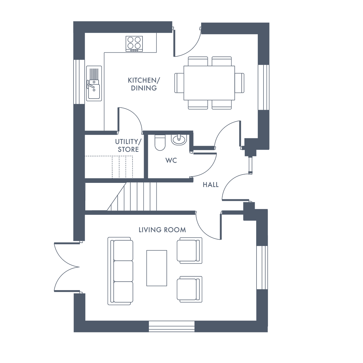 Floor plan of a room with sofa, two chairs, coffee table, dining table, and a kitchen island.