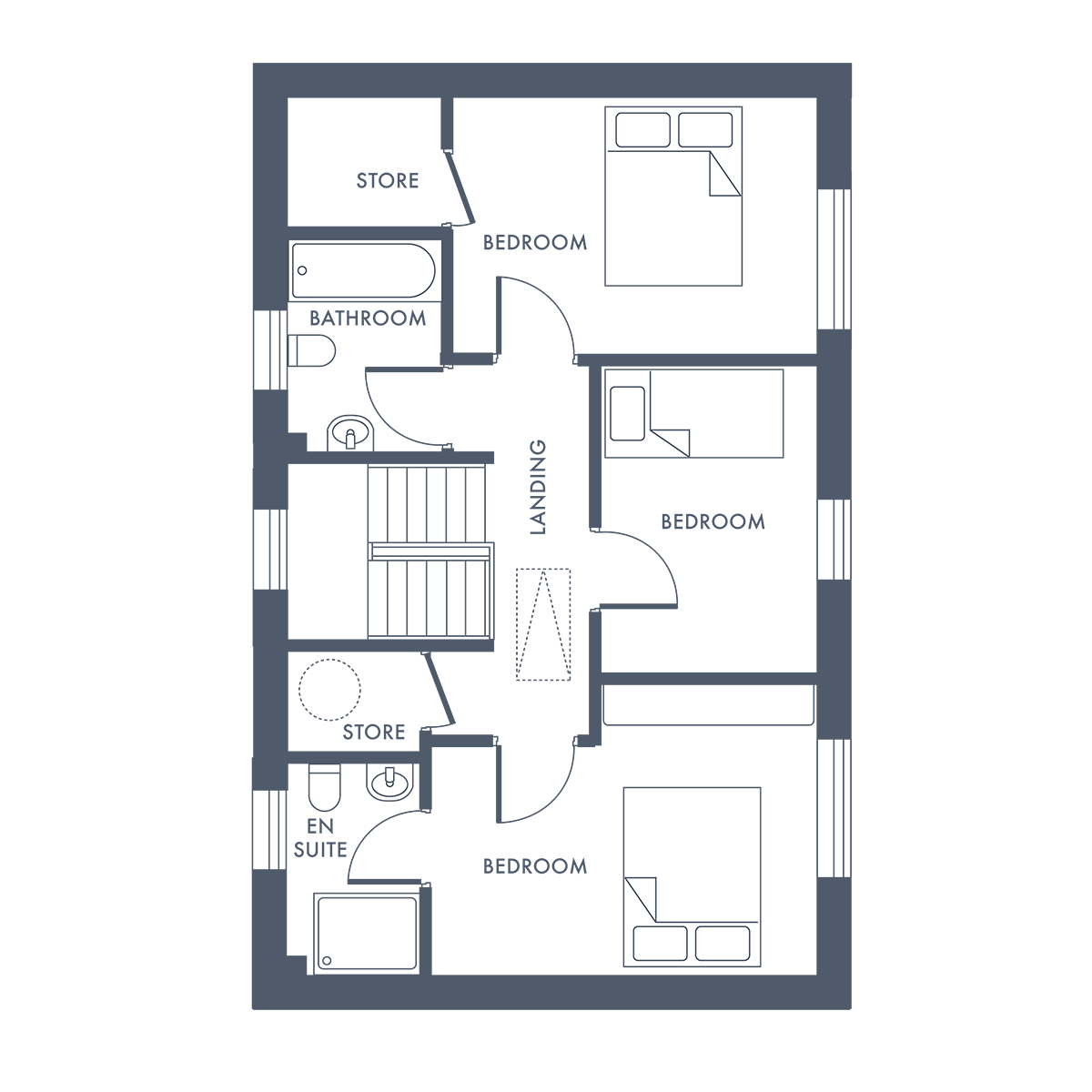 Floor plan showing three beds and a bathroom area with bathtub, sink, and toilet.