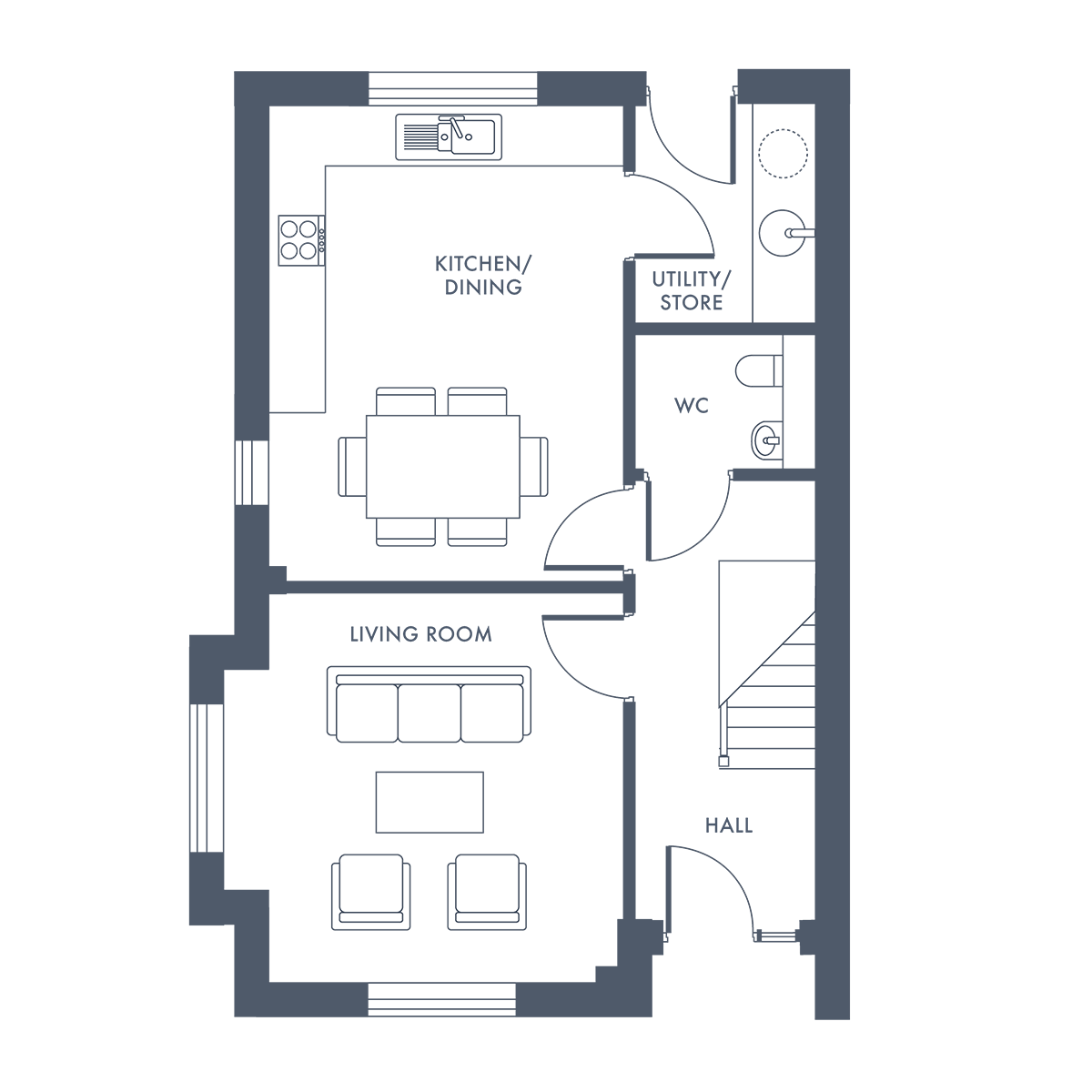 Floor plan with living space, dining area, kitchen, and entry foyer layout with furniture placements.