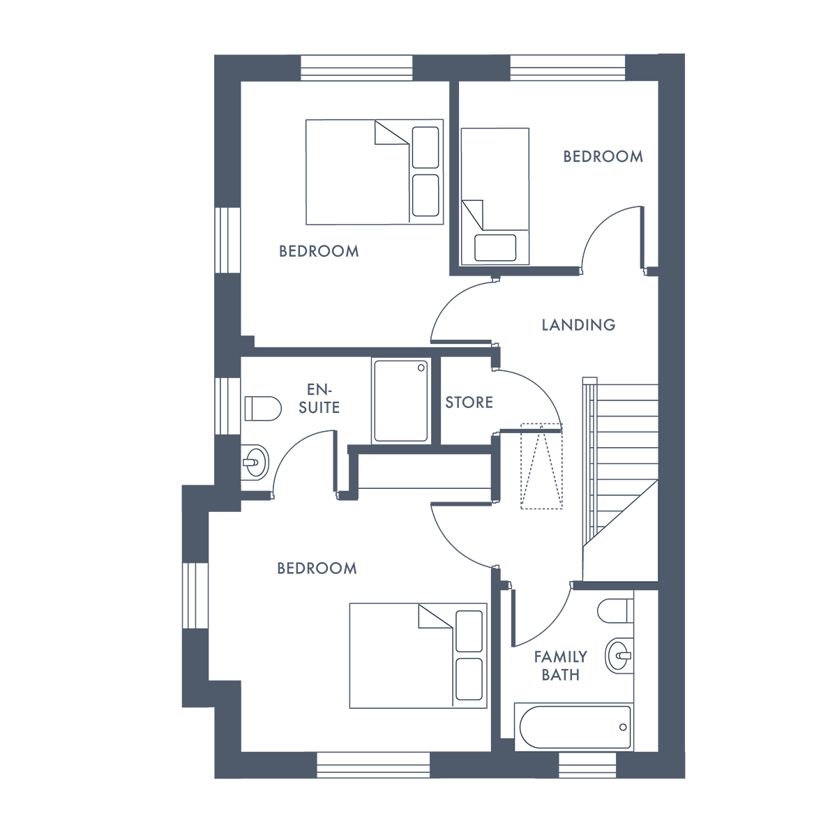 Floor plan showing two beds, one sofa, a bathtub, two sinks, and two toilets in separate areas.