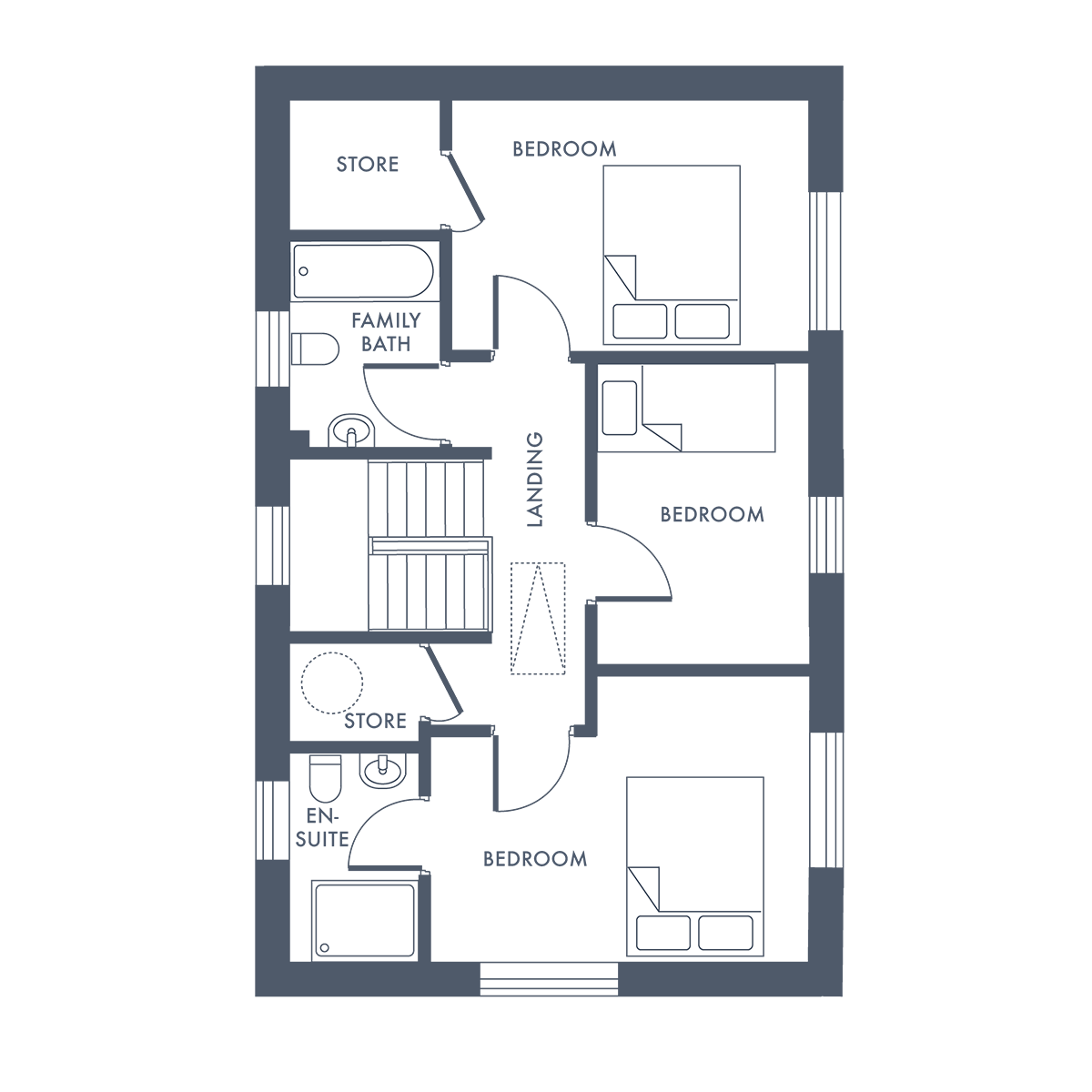 Floor plan with three beds, one bathtub, two sinks, and two toilets in enclosed rooms.