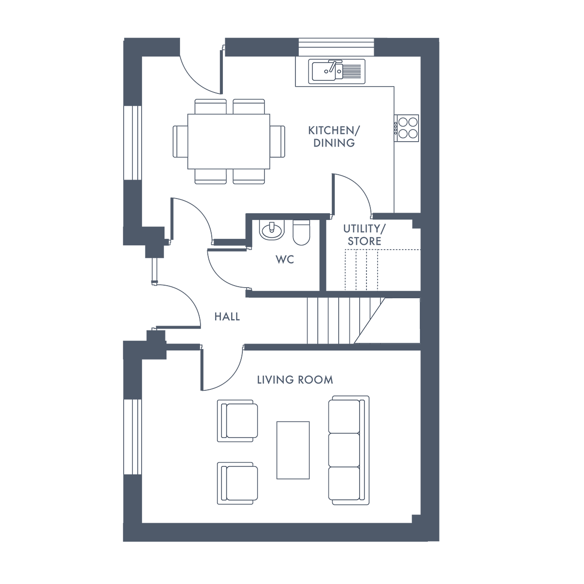 Floor plan showing living area with sofa, two chairs, coffee table, kitchen with dining table and chairs.