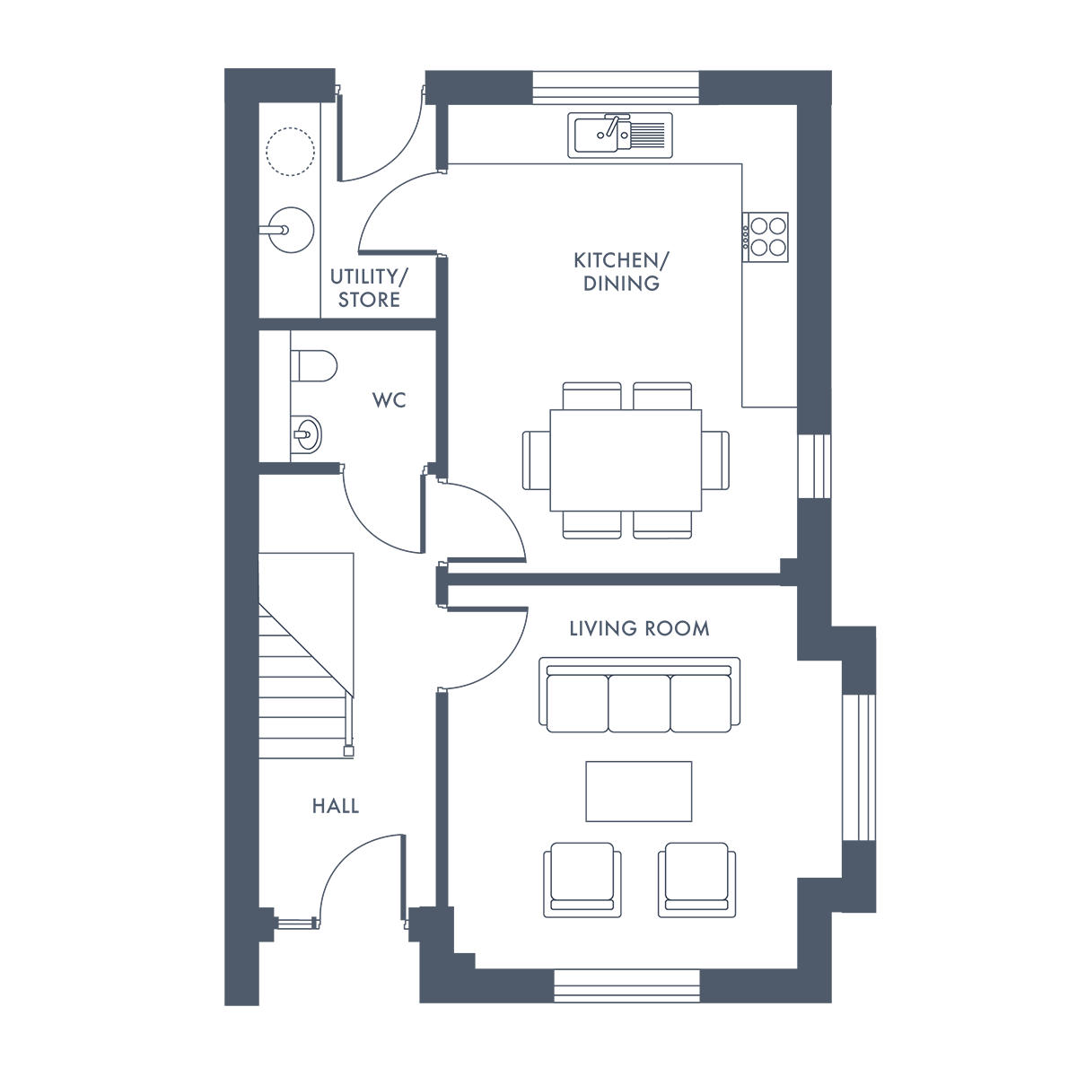 Floor plan of a living area with furniture including sofa, armchairs, dining table, lamp, and sink.
