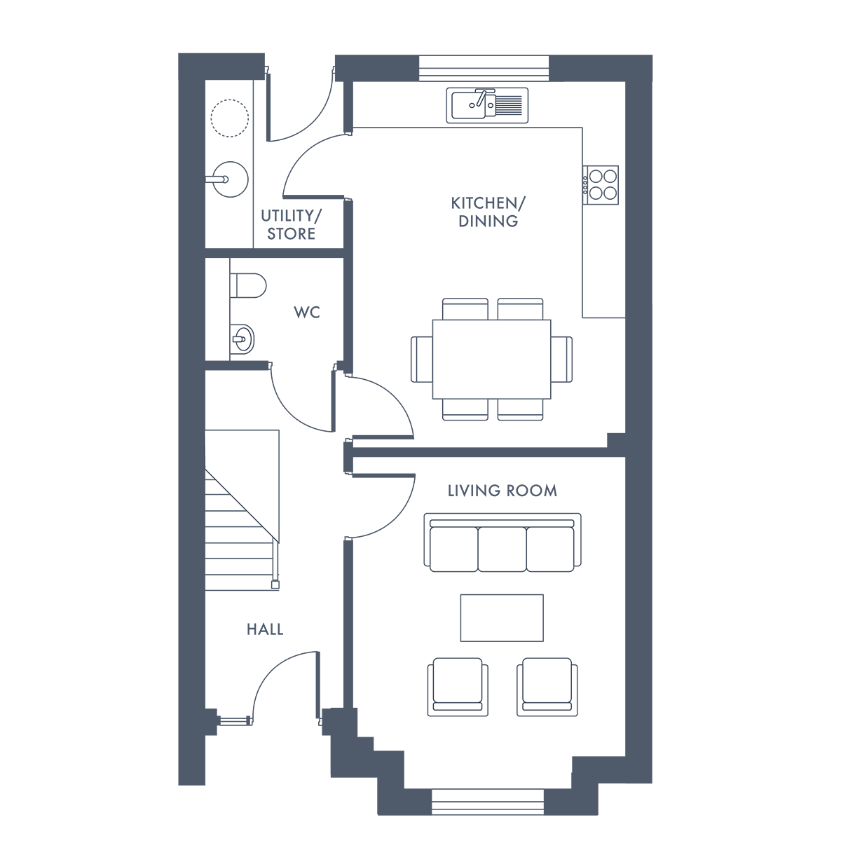 Floor plan showing living room with sofa, two chairs, coffee table, dining table with chairs, and kitchen area.