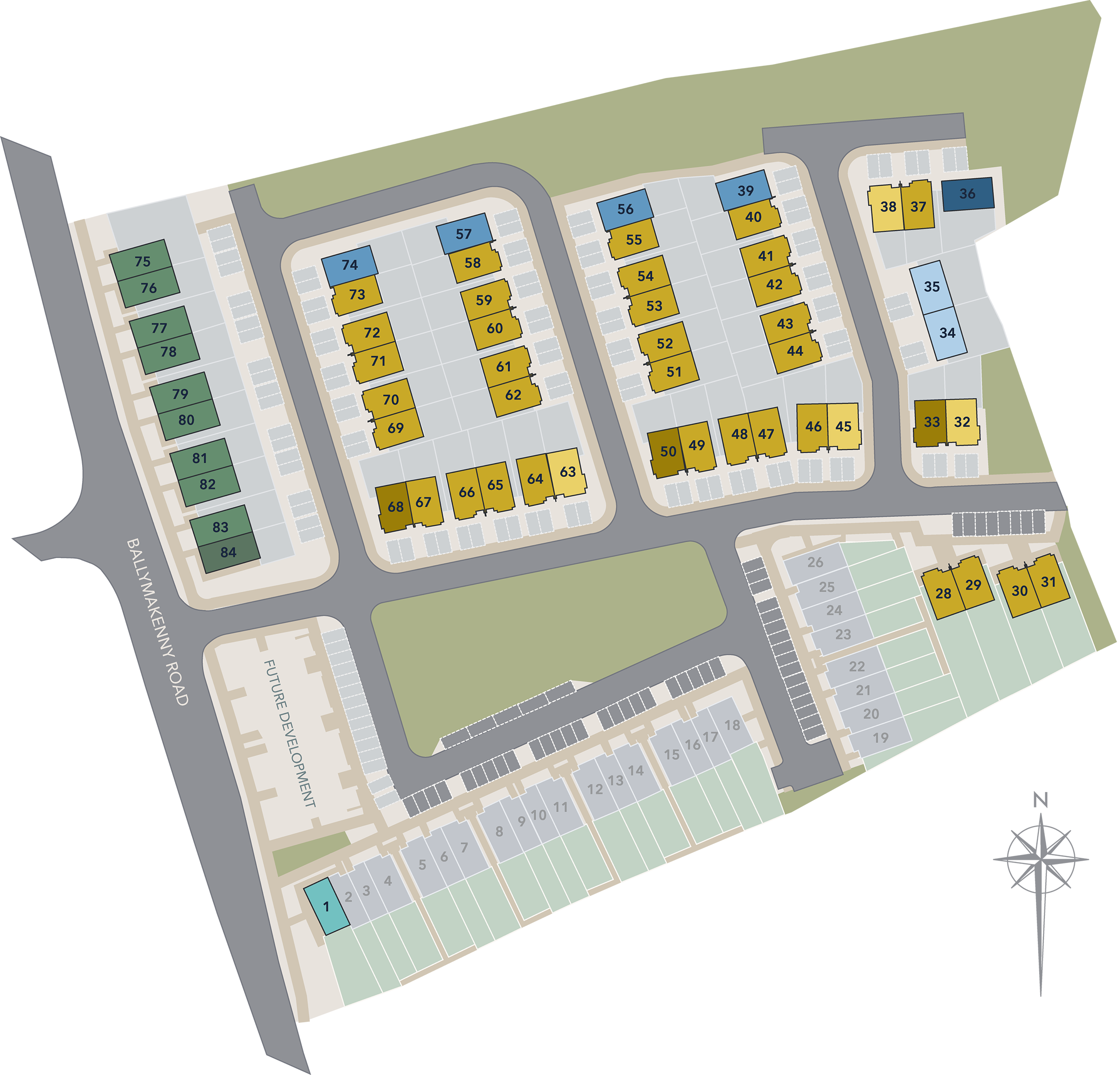 Map of a residential site layout with numbered plots, roads, parking, and green spaces.