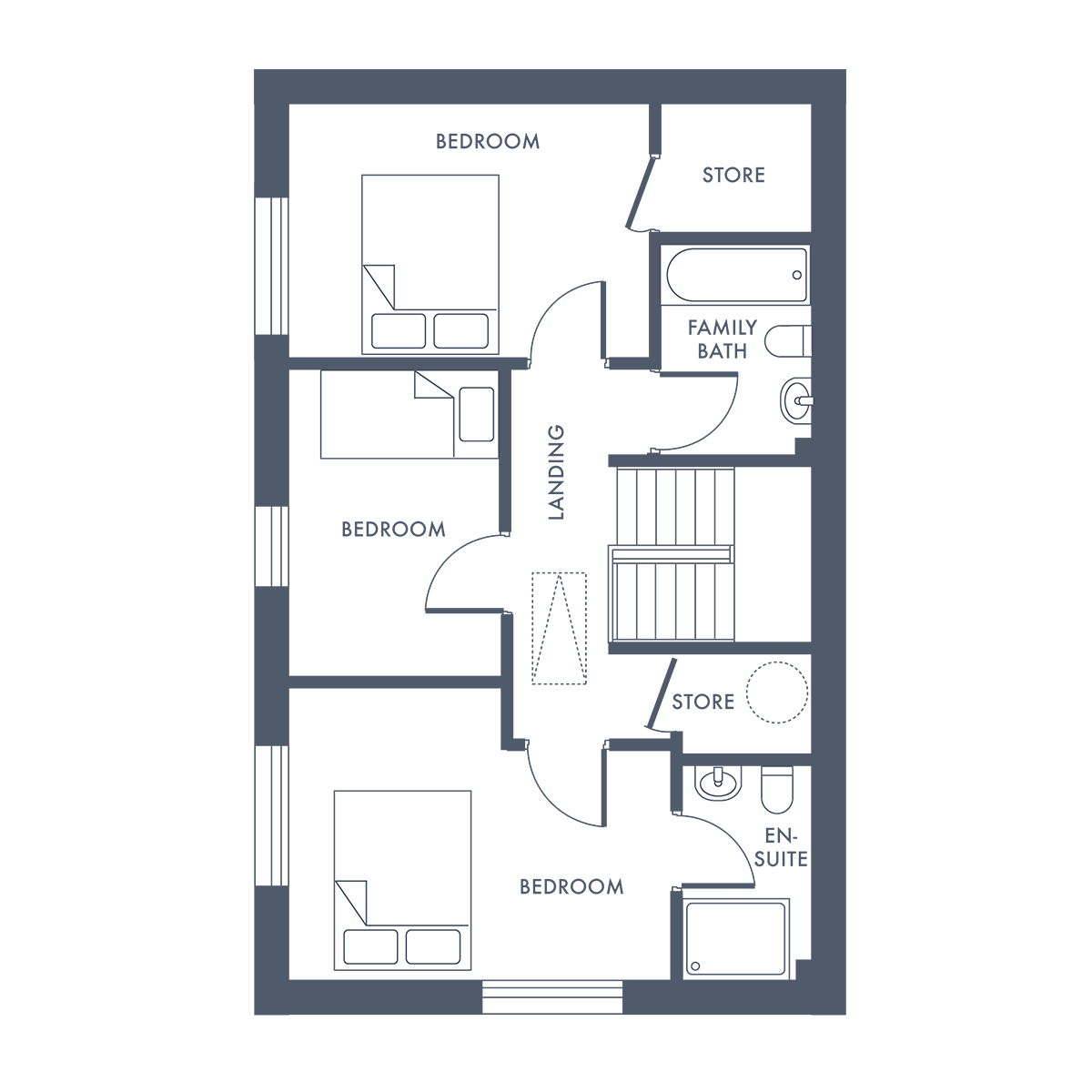Floor plan showing two bedrooms, one with two beds, and two bathrooms with bathtubs and sinks.