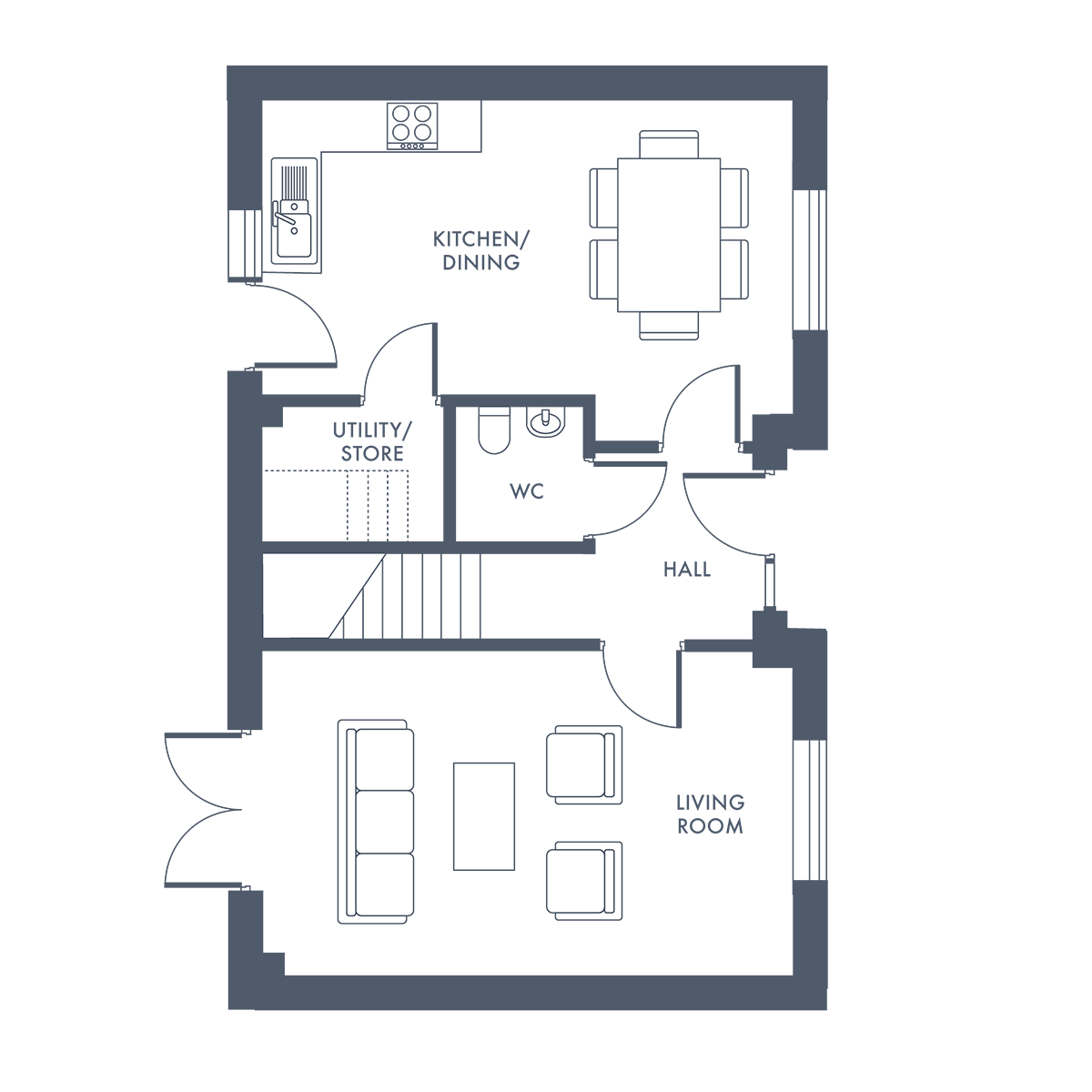 Floor plan with kitchen, dining area, and living room with sofas and chairs.