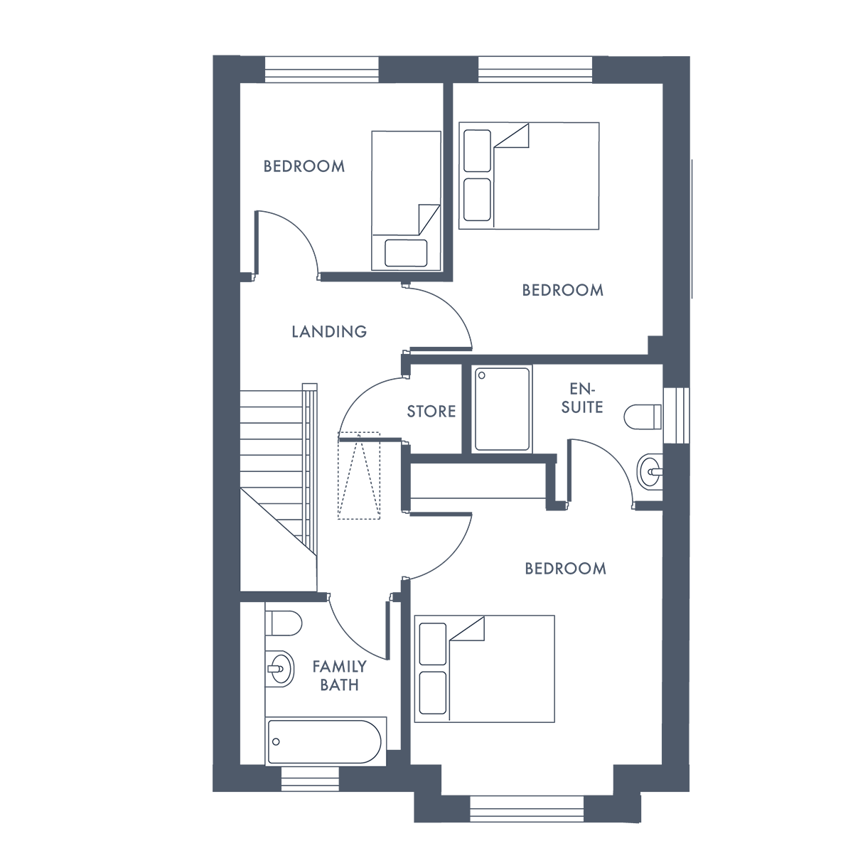 Floor plan of a small apartment with two beds, a bathtub, and a bathroom sink.