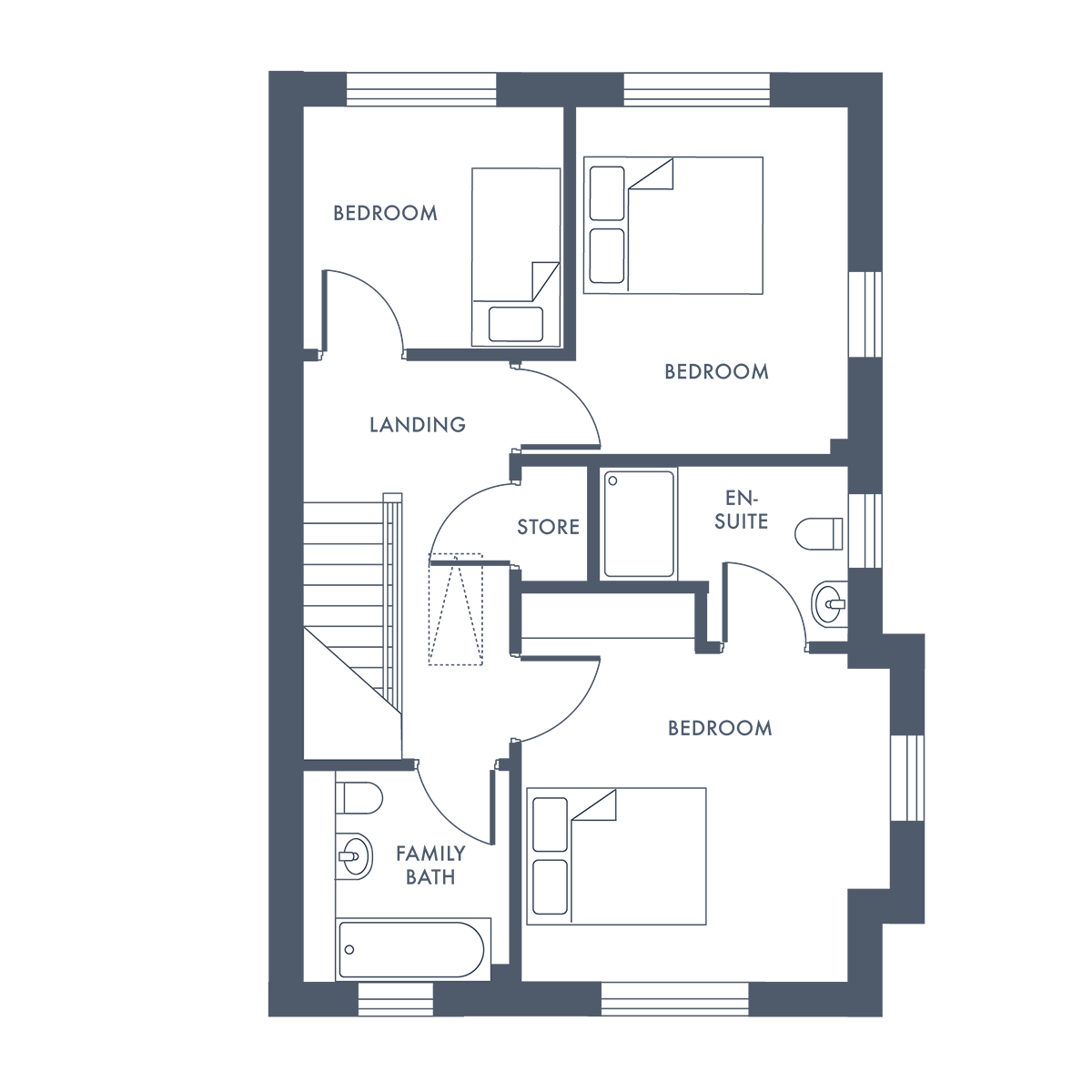 Floor plan showing a bedroom with two beds, one smaller bed, two sinks, and a bathtub.