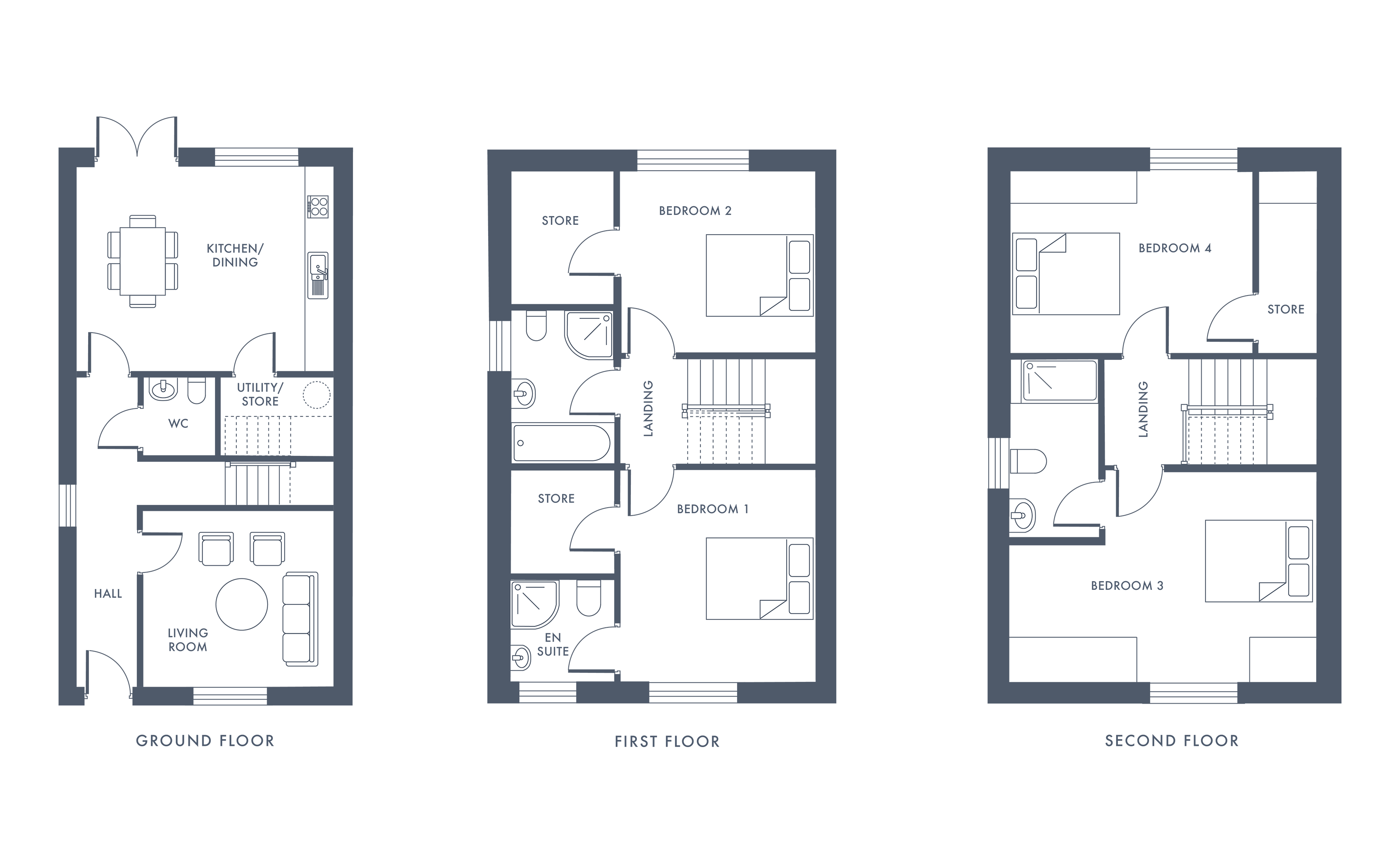 Floor plan showing living area with sofa, two chairs, coffee table, kitchen with dining table and chairs.