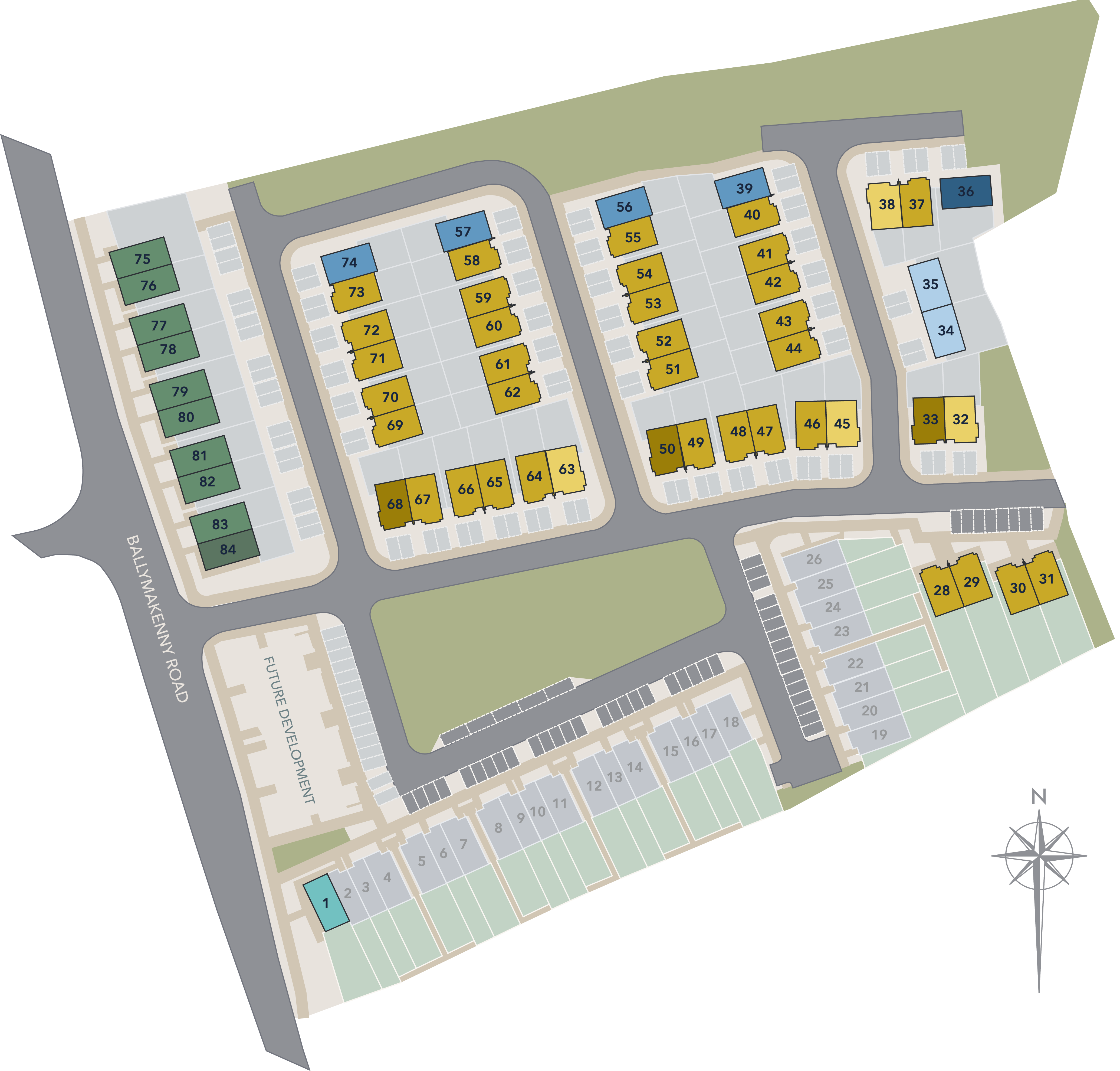 Map of a residential site layout with numbered plots, roads, parking, and green spaces.