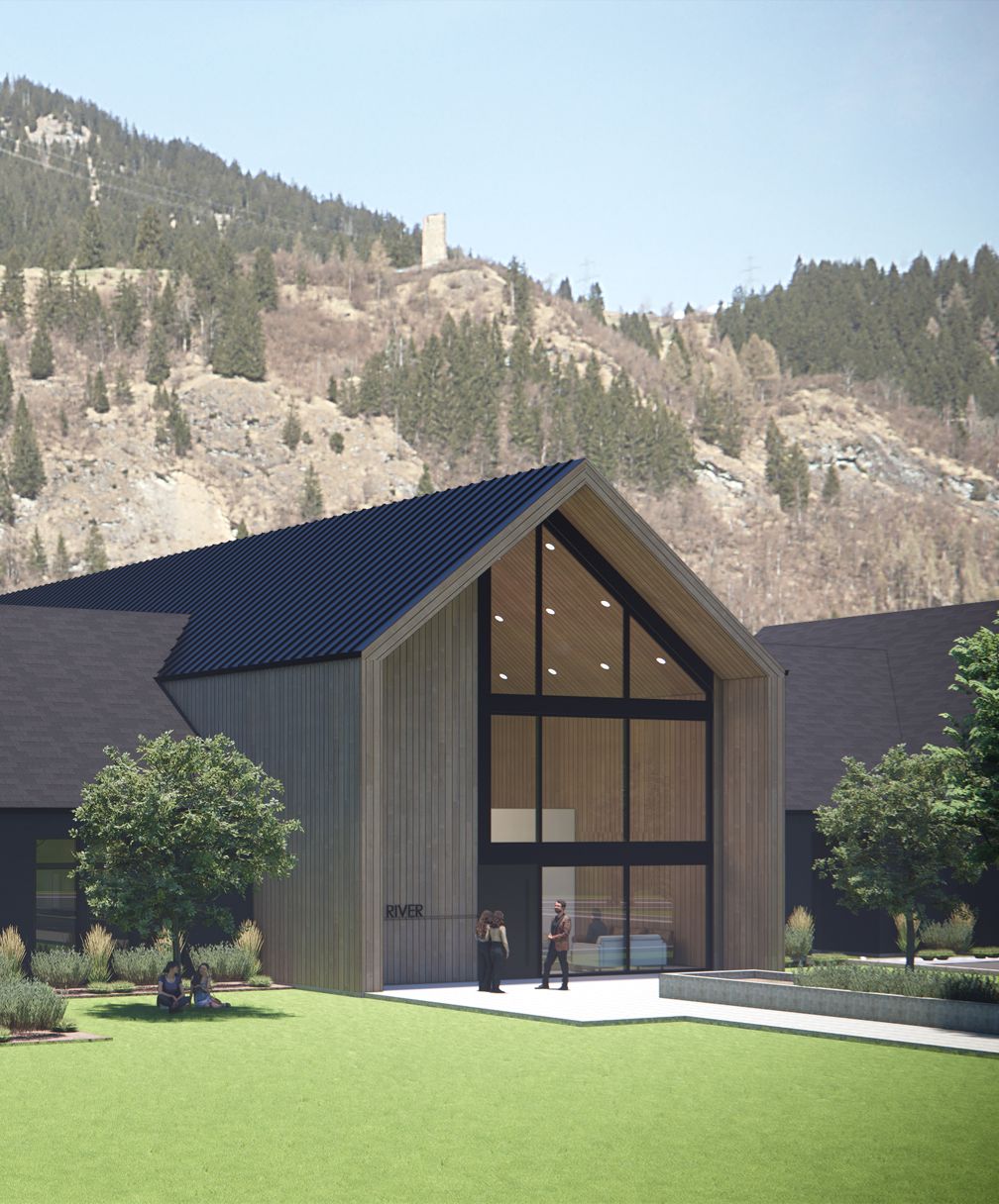 Hope River project building with modern design in a mountain landscape