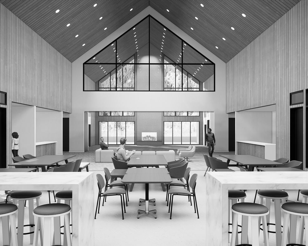 Modern communal space with vaulted ceiling, large windows, and mixed seating areas