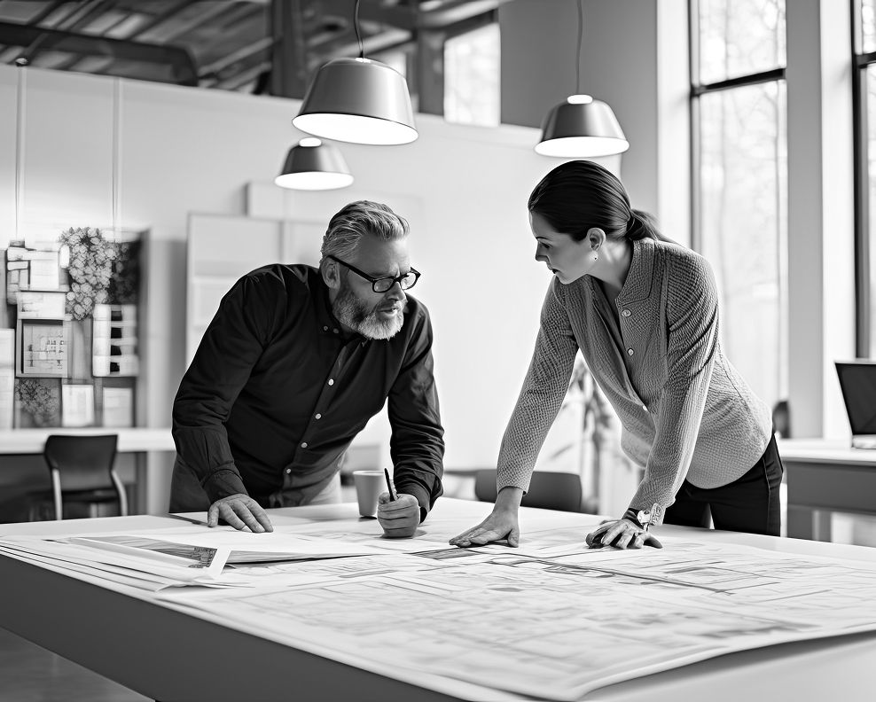 Two architects reviewing building plans together in a modern office