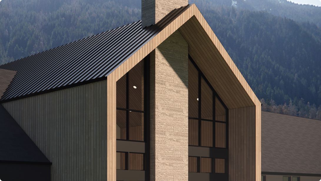 Modern wooden house with a gable roof and large windows in a mountain setting