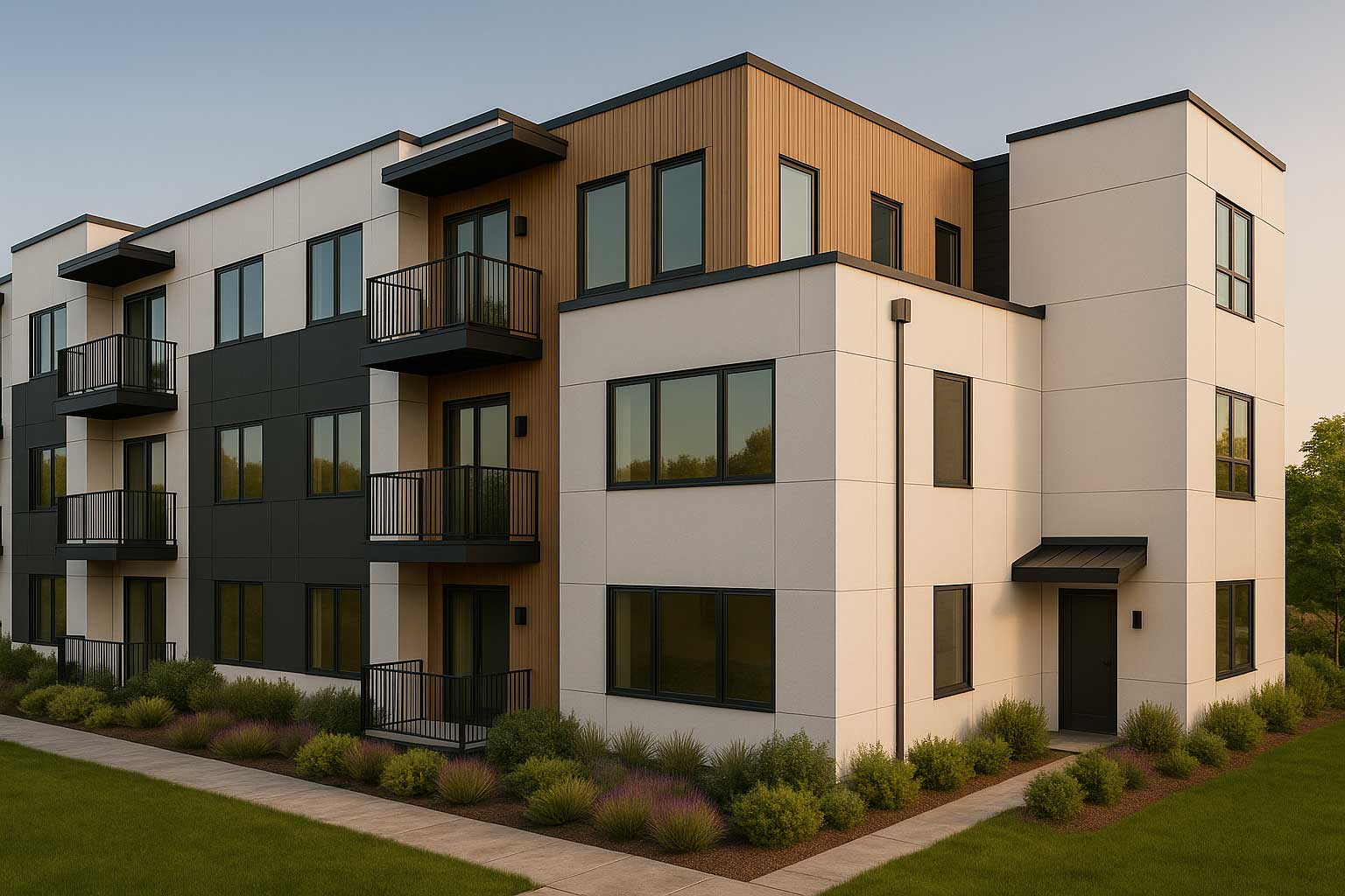 Modern communal space with vaulted ceiling, large windows, and mixed seating areas