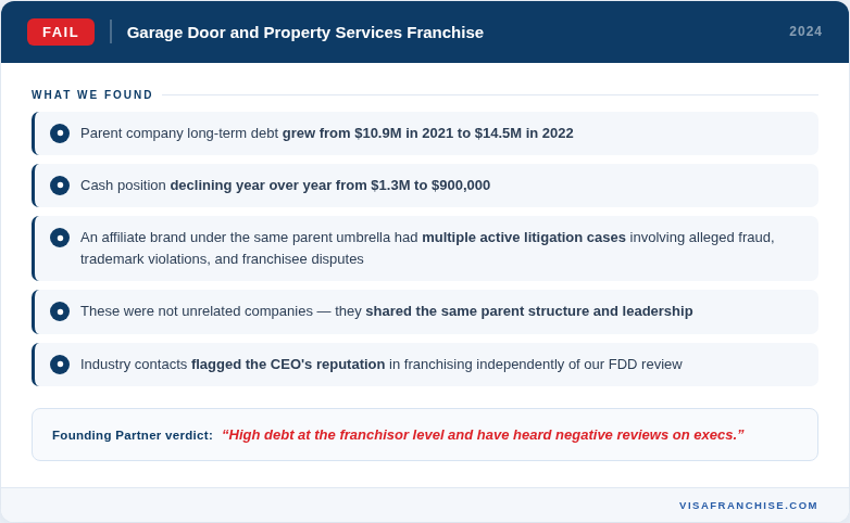 Franchise red flag: garage door brand with rising long-term debt and CEO reputation concerns fails Visa Franchise review
