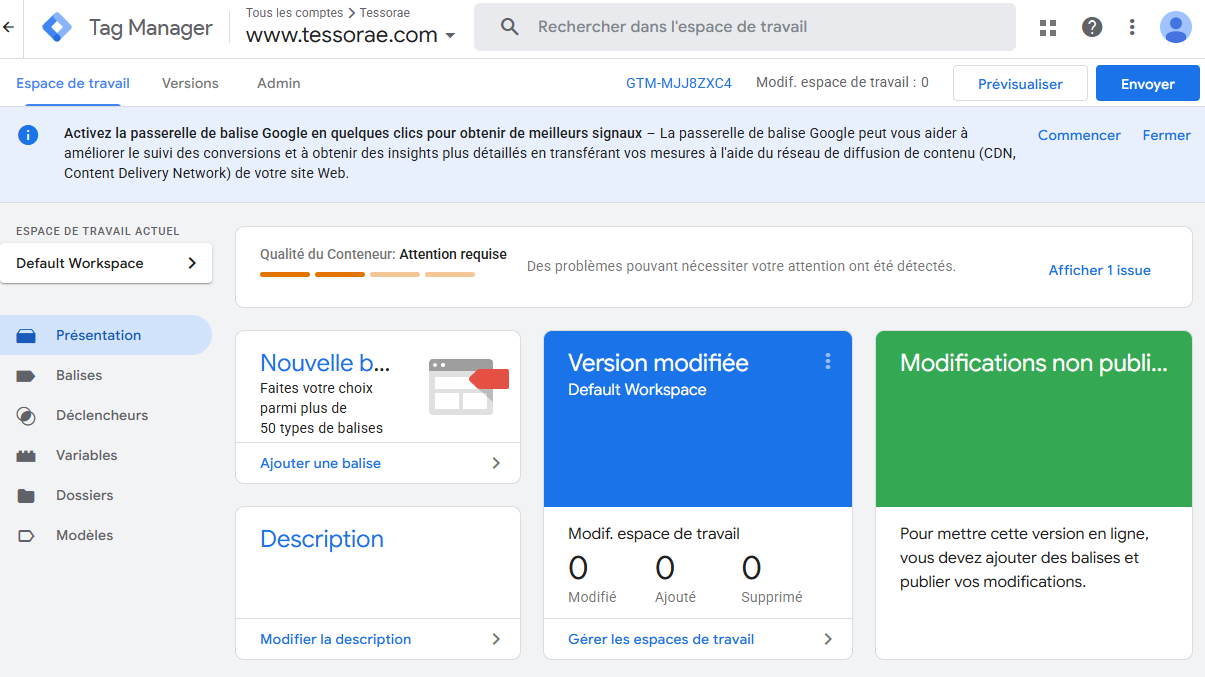 Le menu de Google Tag Manager.