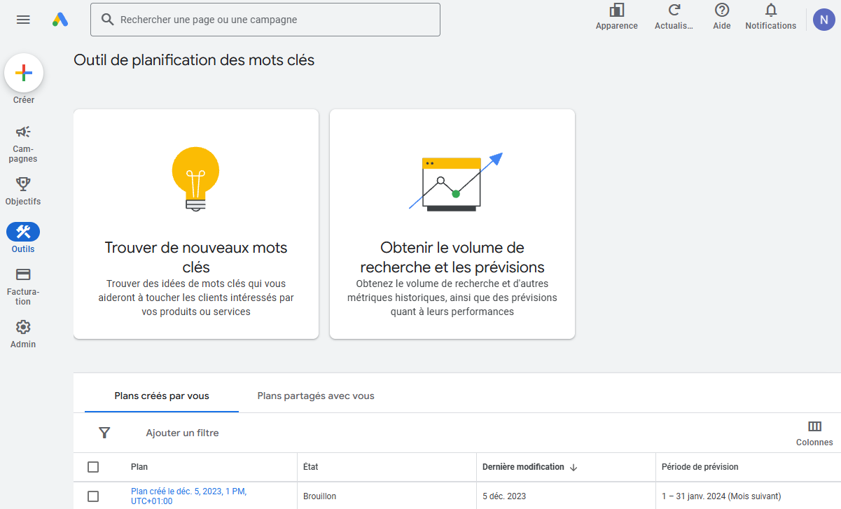 Le menu de Google Keyword Planner.