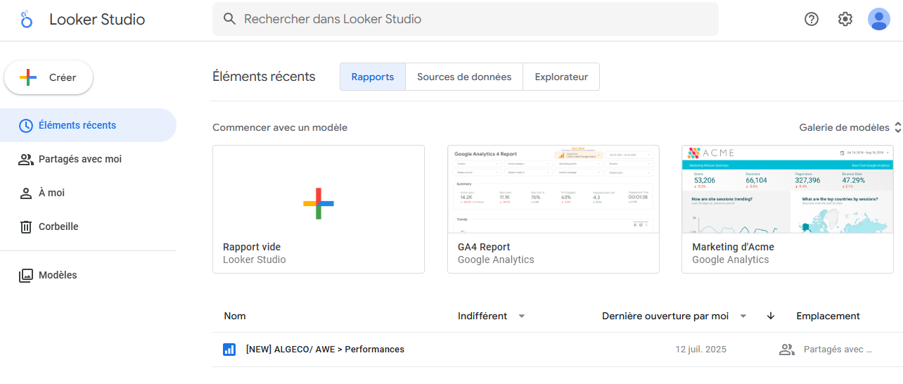 Le menu de Looker Studio.