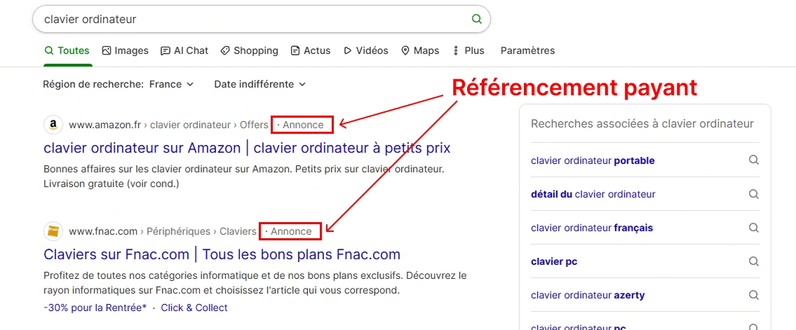screenshot du référencement payant ou sea (search engine marketing) sur la recherche "clavier ordinateur".