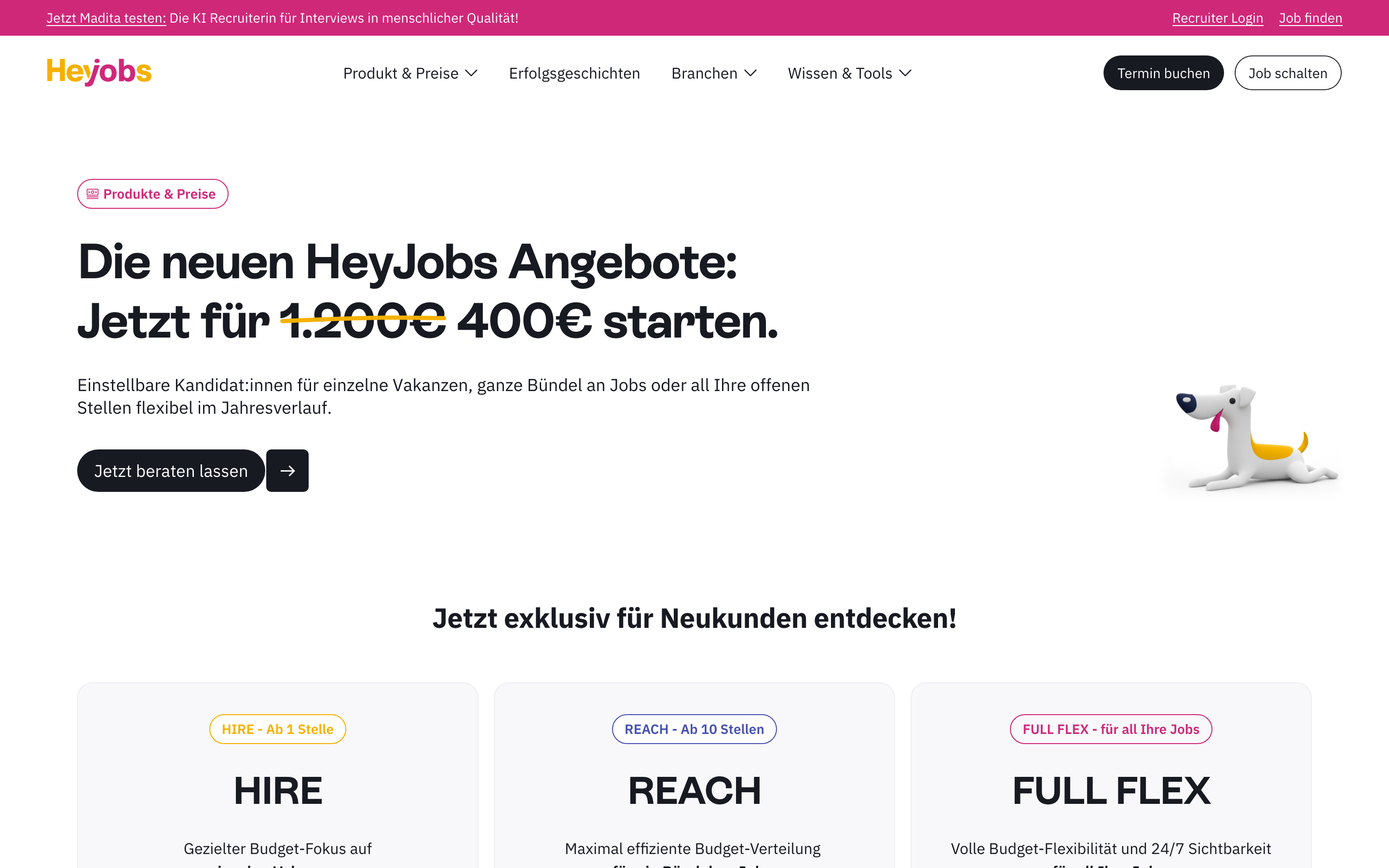 HeyJobs pricing page with the packages HIRE, REACH and FULL FLEX