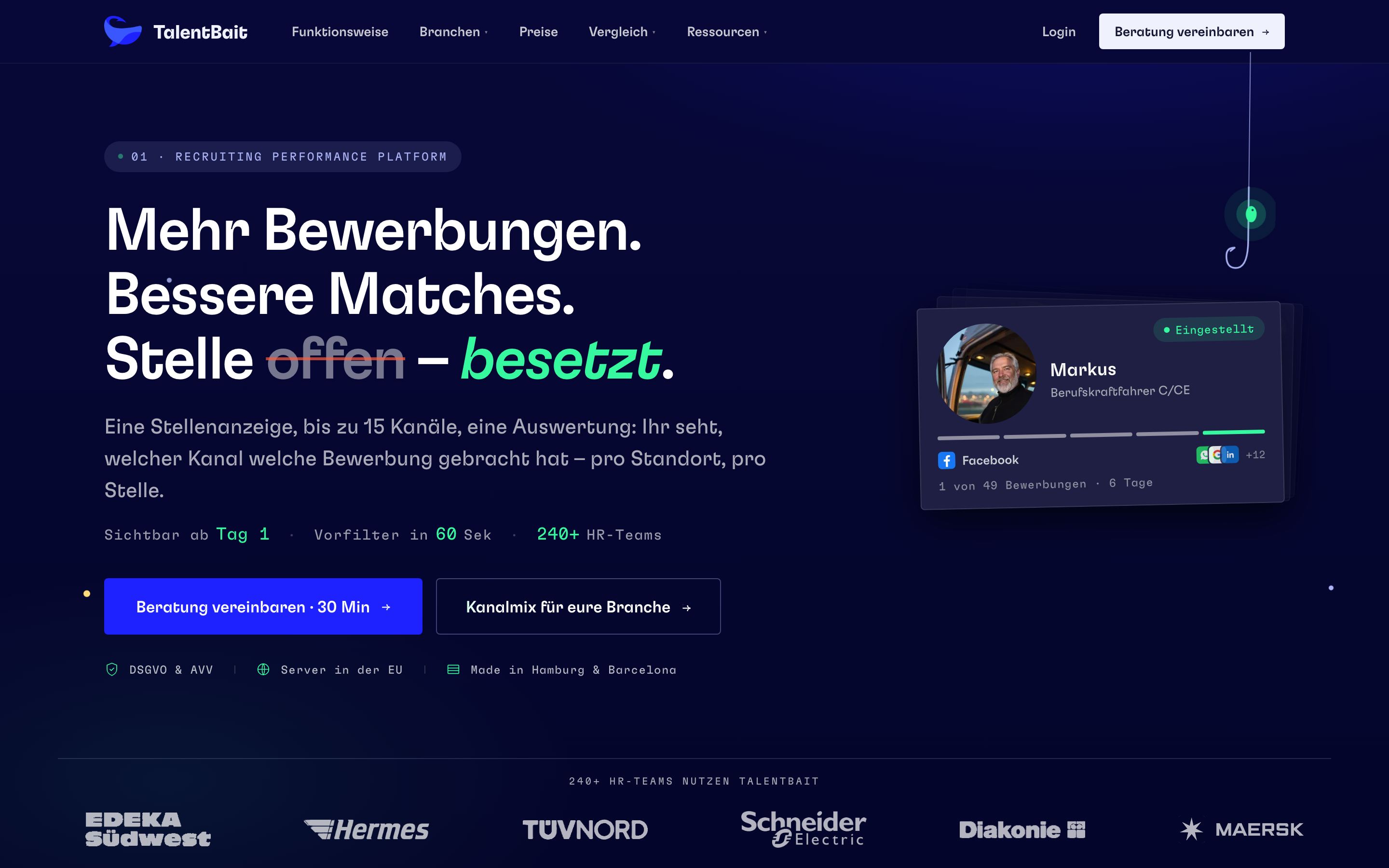 TalentBait homepage with the headline More applications, better matches