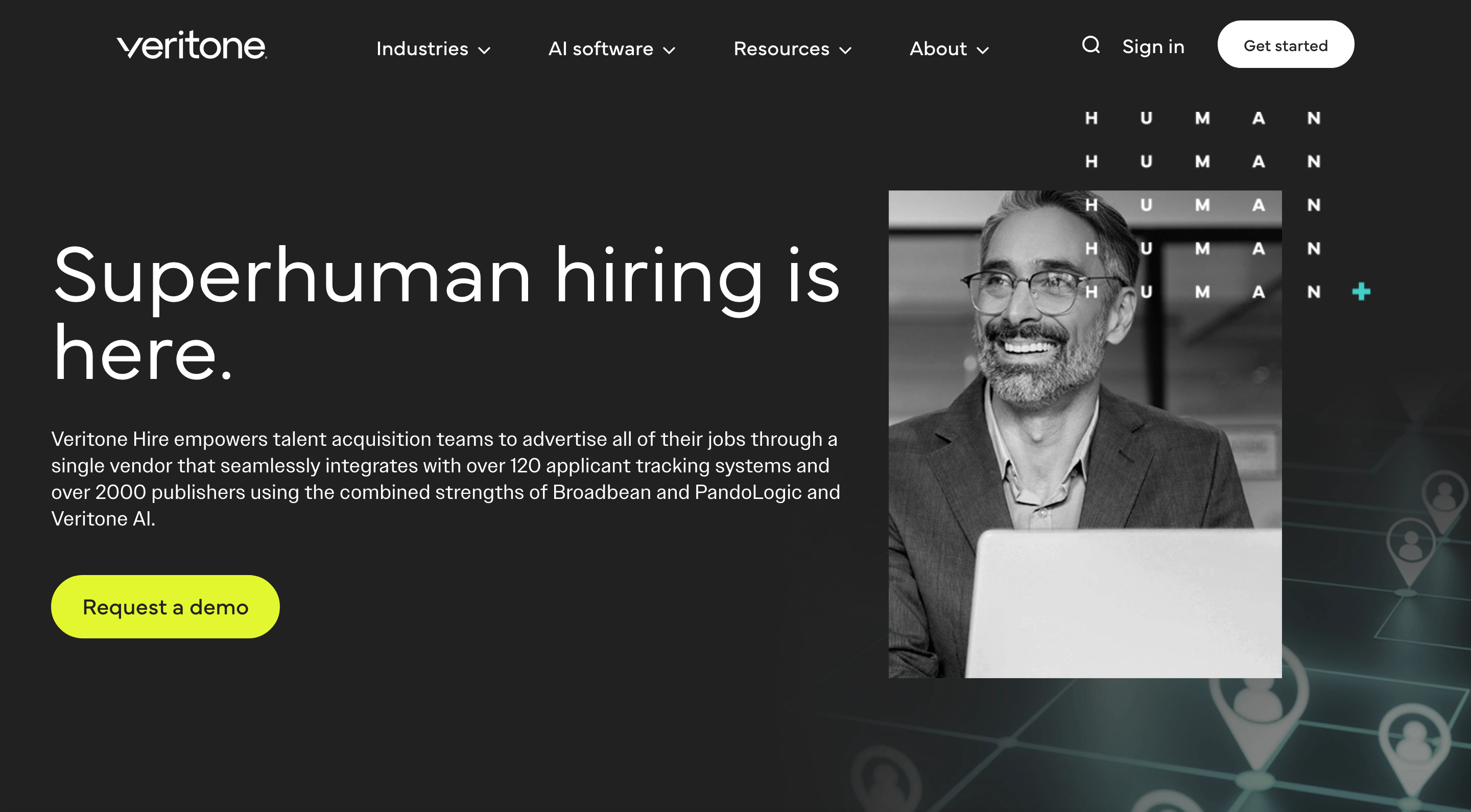 Veritone Hire homepage, the product line PandoLogic belongs to