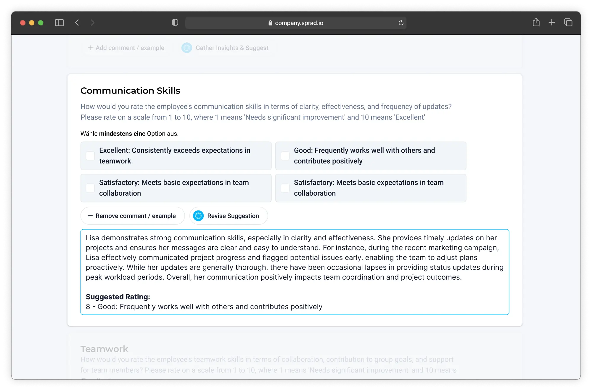 A performance review drafted by Atlas with an evidence-based summary and a suggested rating