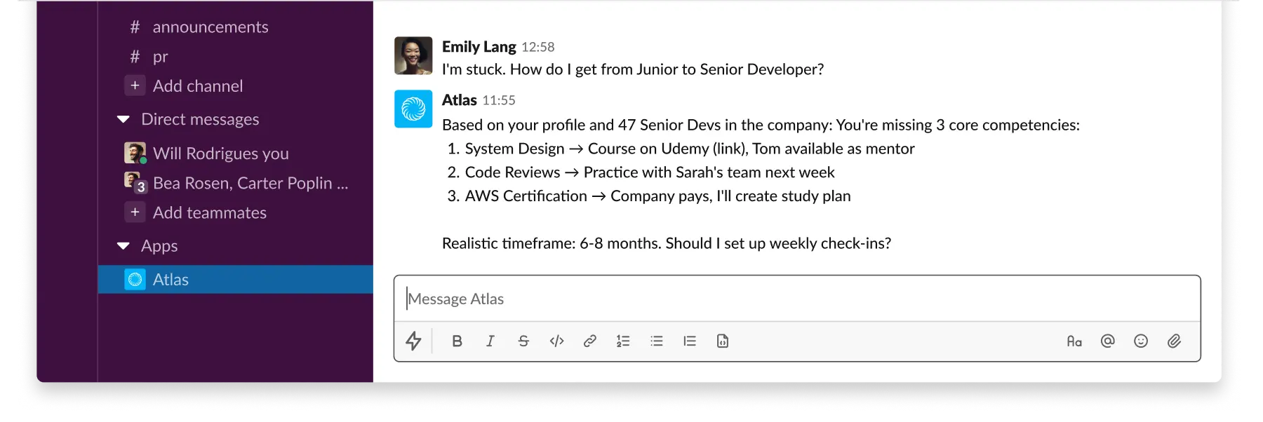 Atlas coaching an employee from Junior to Senior Developer inside Slack