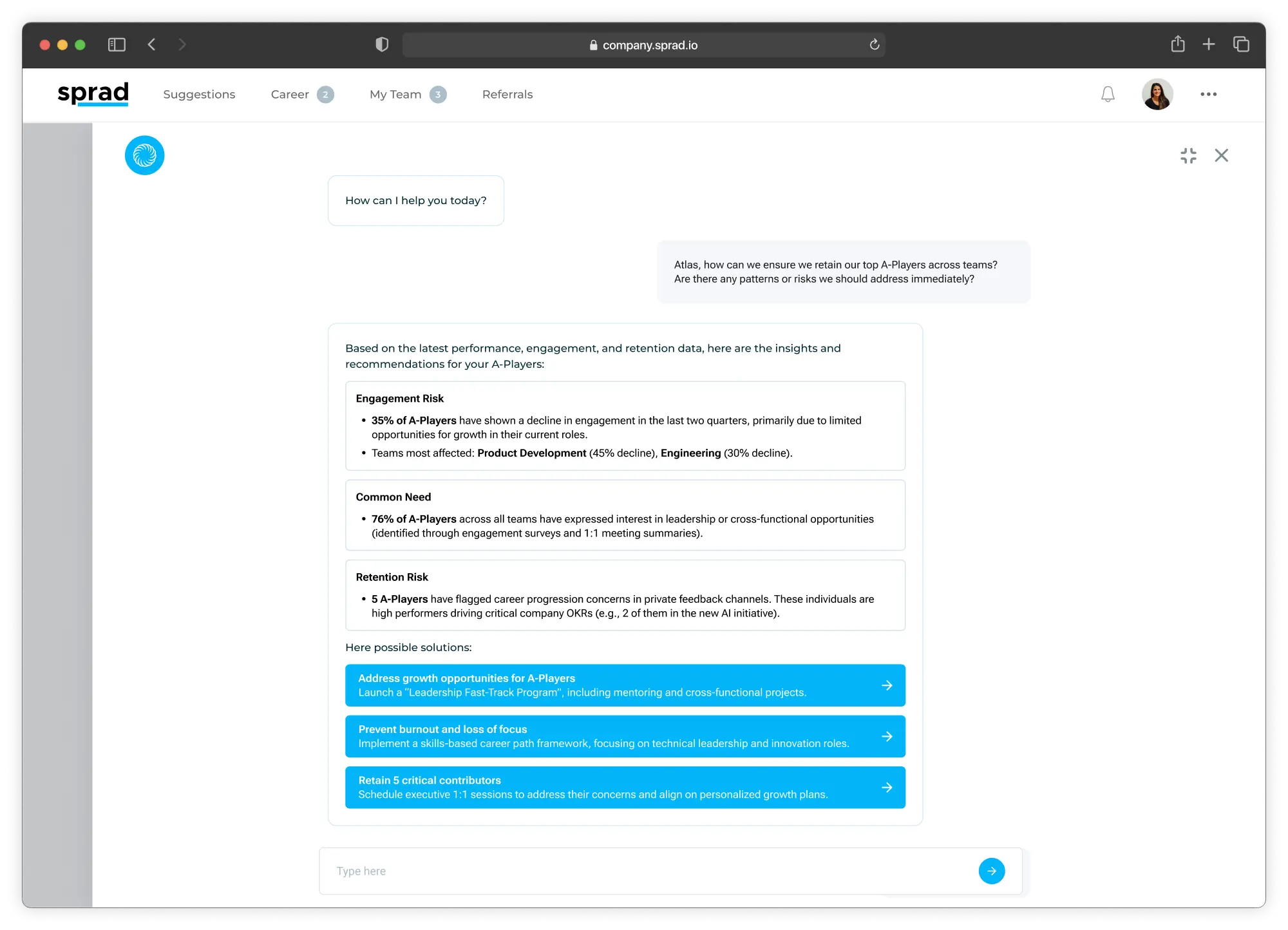 Atlas answering an executive question with a structured A-player retention report