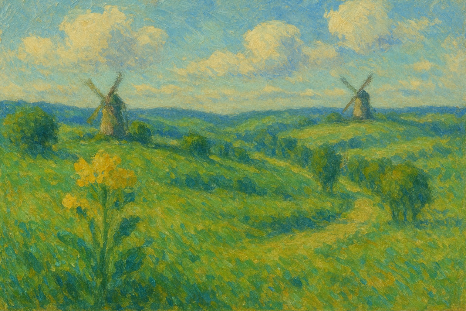 Impressionistisches Ölgemälde: zwei Windmühlen in einiger Entfernung zueinander